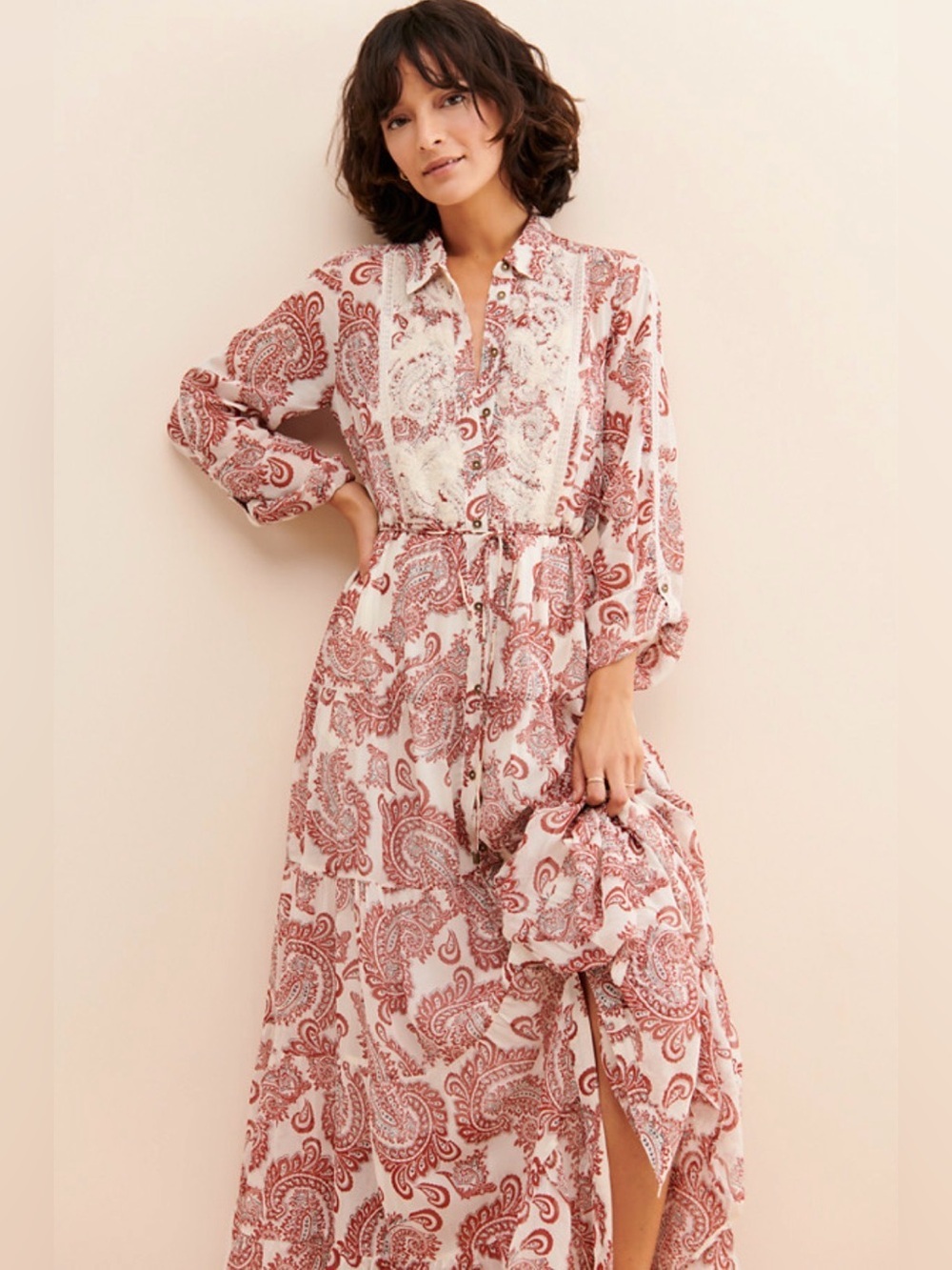 Anthropologie Allaire Embroidered Paisley Lace Bib Maxi Shirtdress Size M $228